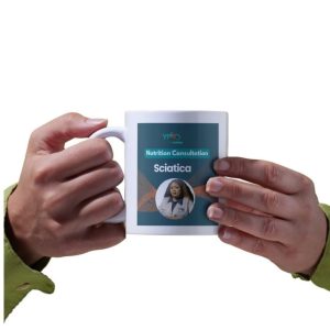 Hands holding a nutrition consultation mug.