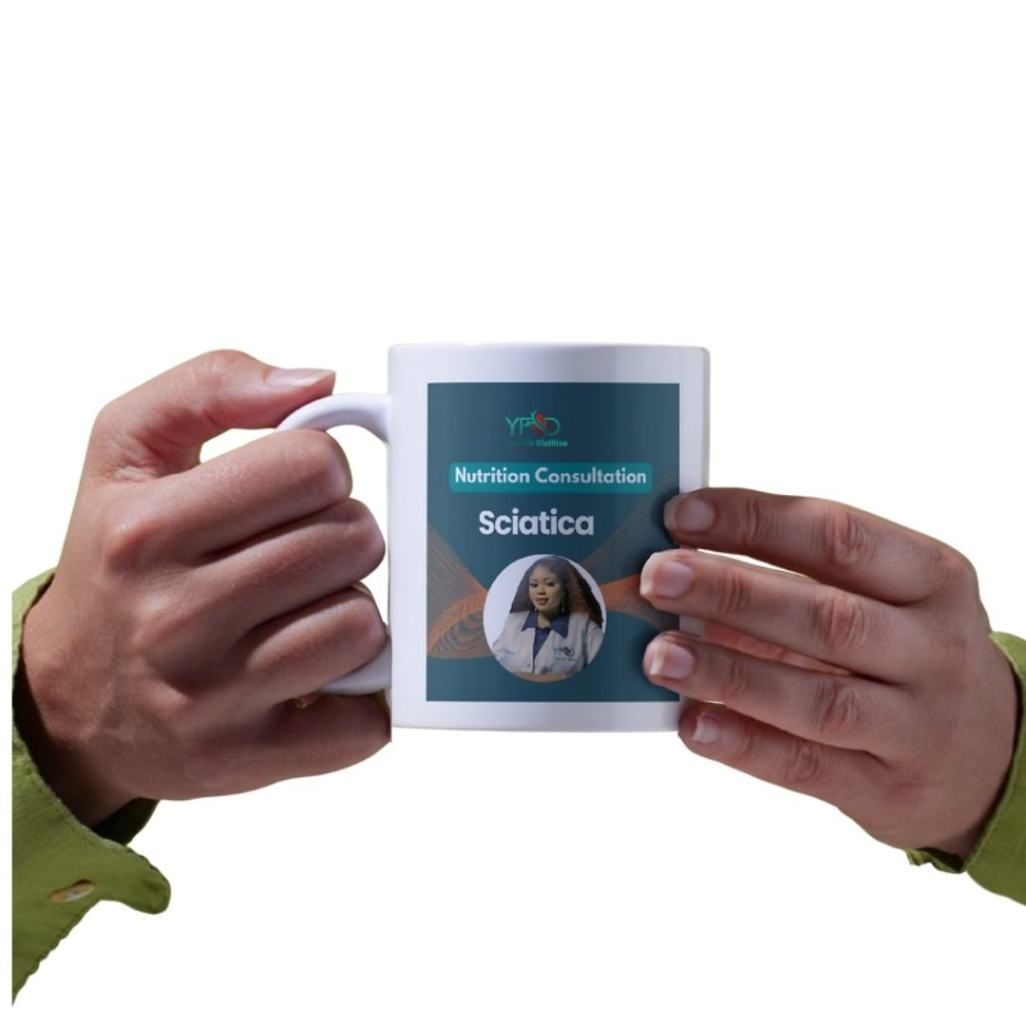 Sciatica Nutrition Customized mugs | Made By YourFide Dietitian Nutritionist 1 Hands holding a nutrition consultation mug.